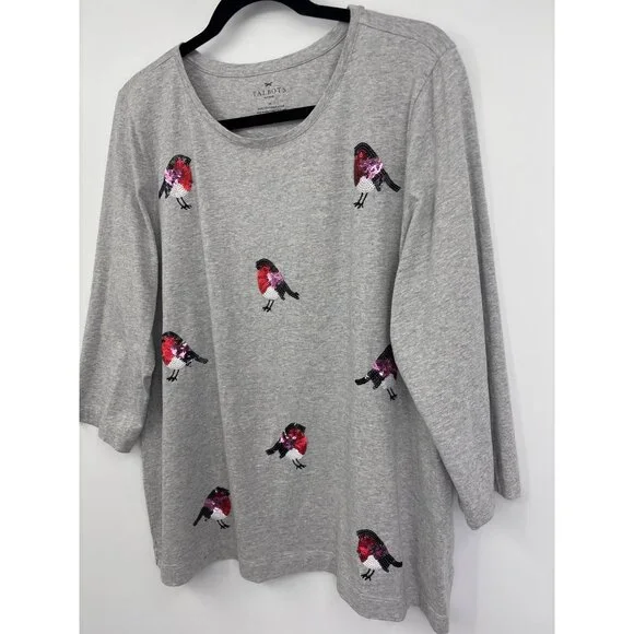 Talbots Cotton Tee T-Shirt 3/4 Sleeve Causal Sequin Birds Gray Size 1X - Picture 3 of 5